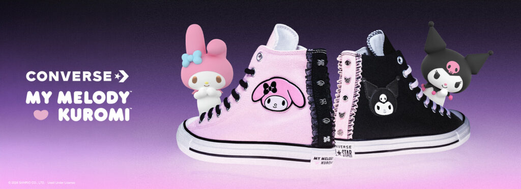 Banner promocional da coleção Converse My Melody e Kuromi com os modelos em rosa e preto